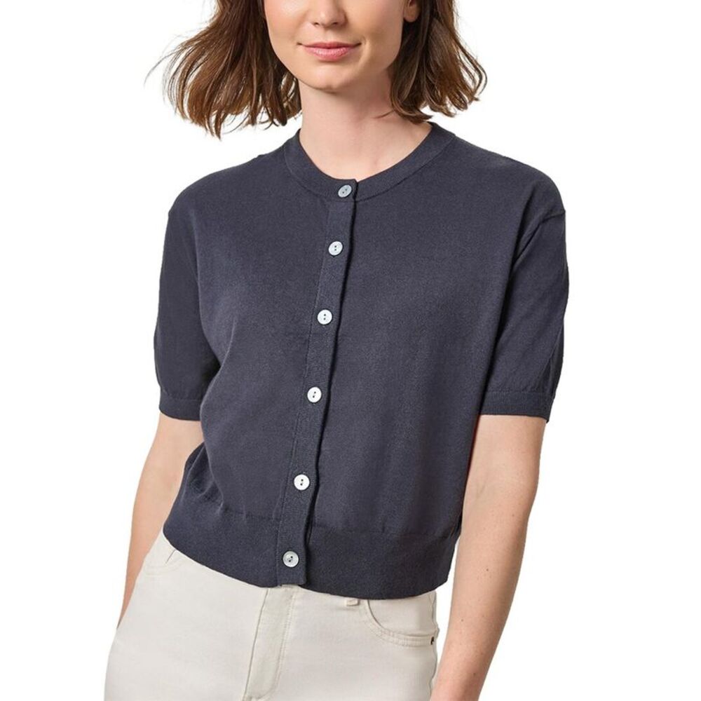 Lilla P Womens Short Sleeve Linen-Blend Cardigan, Navy